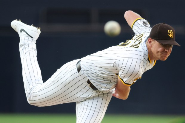 Nick Pivetta #27 of the San Diego Padres pitches against the Arizona Diamondbacks during the first inning at Petco Park on Tuesday, July 8, 2025 in San Diego, CA. (Meg McLaughlin / The San Diego Union-Tribune)