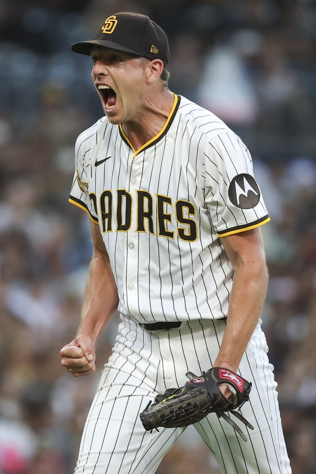 Nick Pivetta #27 of the San Diego Padres reacts after striking out Lourdes Gurriel Jr. #12 of the Arizona Diamondbacks during the fourth inning at Petco Park on Tuesday, July 8, 2025 in San Diego, CA. (Meg McLaughlin / The San Diego Union-Tribune)