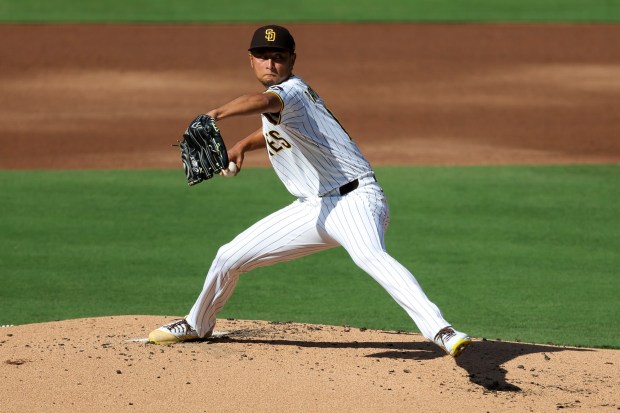 Yu Darvish #11 of the San Diego Padres pitches against the Philadelphia Phillies during the second inning at Petco Park on Saturday, July 12, 2025 in San Diego, CA. (Meg McLaughlin / The San Diego Union-Tribune)
