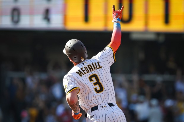 Jackson Merrill #3 of the San Diego Padres rounds the bases after a home run against the Philadelphia Phillies during the second inning at Petco Park on Saturday, July 12, 2025 in San Diego, CA. (Meg McLaughlin / The San Diego Union-Tribune)