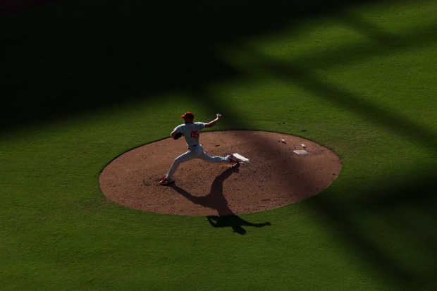 Zack Wheeler #45 of the Philadelphia Phillies pitches against the San Diego Padres during the fourth inning at Petco Park on Saturday, July 12, 2025 in San Diego, CA. (Meg McLaughlin / The San Diego Union-Tribune)