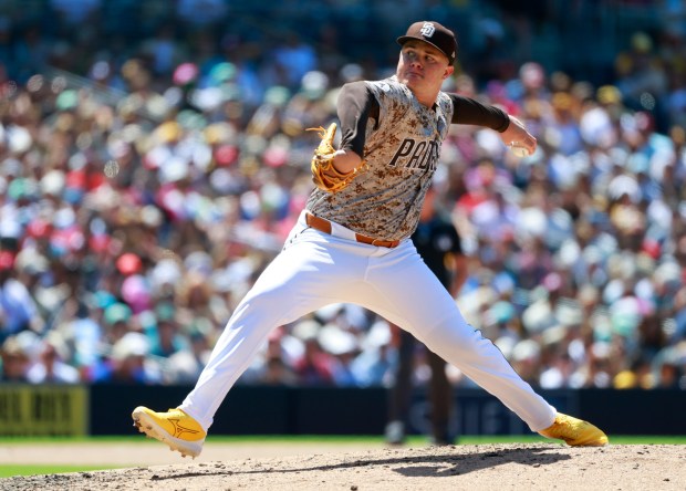 Adrian Morejon #50 of the San Diego Padres pitches against the Philadelphia Phillies at Petco Park on July 13, 2025 in San Diego, California. (Photo by K.C. Alfred / The San Diego Union-Tribune)
