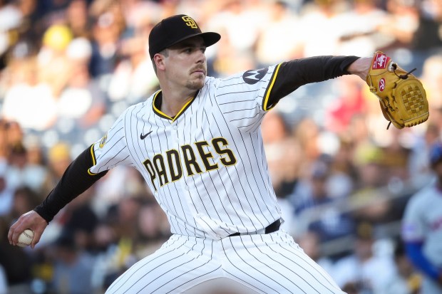 Ryan Bergert #38 of the San Diego Padres pitches against the New York Mets during the first inning at Petco Park on Tuesday, July 29, 2025 in San Diego, CA. (Meg McLaughlin / The San Diego Union-Tribune)