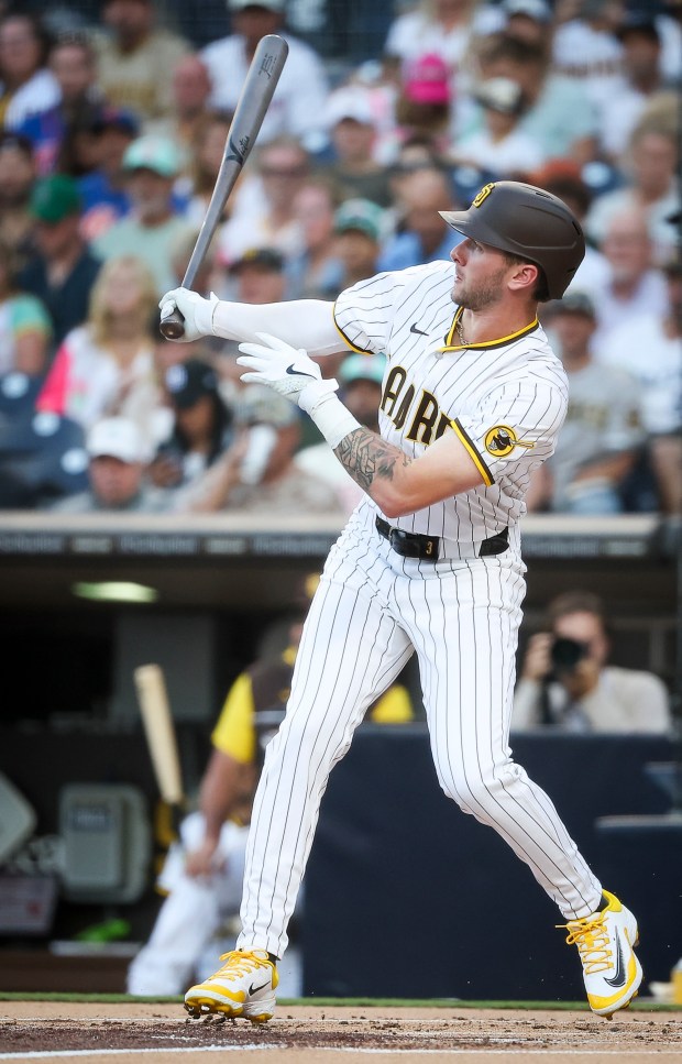 Jackson Merrill #3 of the San Diego Padres watches the ball after a double against the New York Mets during the first inning at Petco Park on Tuesday, July 29, 2025 in San Diego, CA. (Meg McLaughlin / The San Diego Union-Tribune)