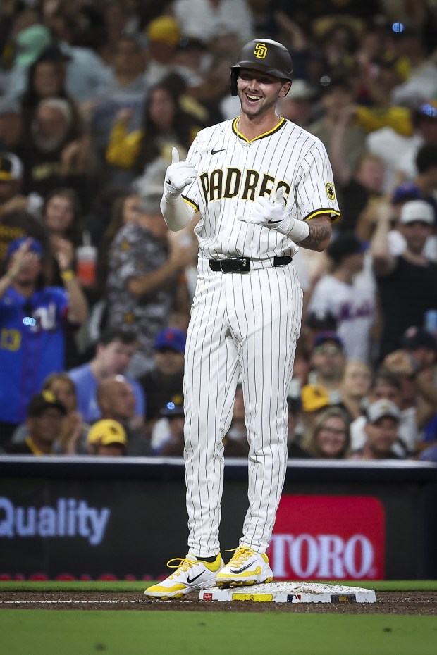 Jackson Merrill #3 of the San Diego Padres smiles after a triple against the New York Mets during the sixth inning at Petco Park on Tuesday, July 29, 2025 in San Diego, CA. (Meg McLaughlin / The San Diego Union-Tribune)
