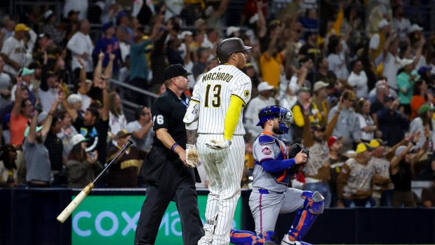 Manny Machado #13 of the San Diego Padres watches his home run against the New York Mets during the seventh inning at Petco Park on Tuesday, July 29, 2025 in San Diego, CA. (Meg McLaughlin / The San Diego Union-Tribune)