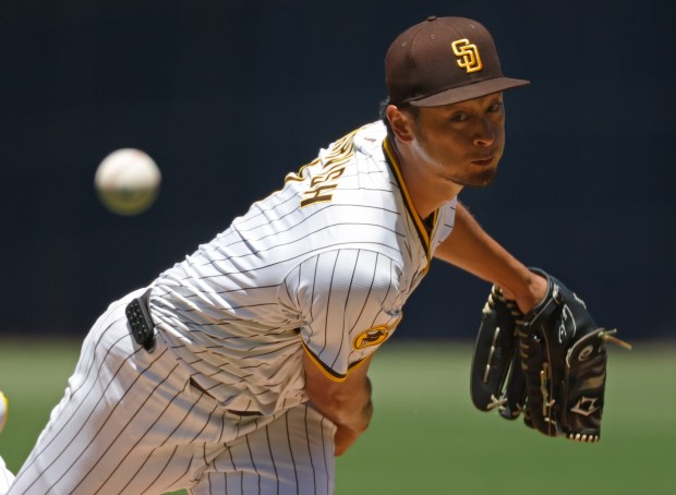 Yu Darvish #11 of the San Diego Padres pitches against the New York Mets at Petco Park on July 30, 2025 in San Diego, CA. (K.C. Alfred / The San Diego Union-Tribune)