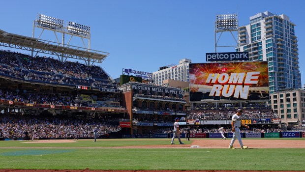 Gavin Sheets #30 of the San Diego Padres rounds the bases after hitting a two-run home run in the third inning against the New York Mets at Petco Park on July 30, 2025 in San Diego, CA. (K.C. Alfred / The San Diego Union-Tribune)