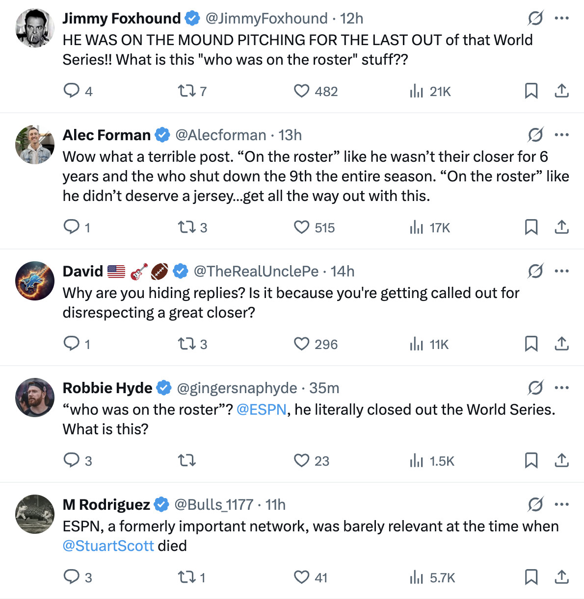 Screenshot of several tweets expressing frustration at ESPN after tweeting about Bobby Jenks’ passing. For example: @JimmyFoxhound: “HE WAS ON THE MOUND PITCHING FOR THE LAST OUT of that World Series!! What is this ‘who was on the roster’ stuff??” // @alexforman: “Wow what a terrible post. ‘On the roster’ like he wasn’t their closer for 6 years and the who shut down the 9th the entire season. ‘On the roster’ like he didn’t deserve a jersey...get all the way out with this.”