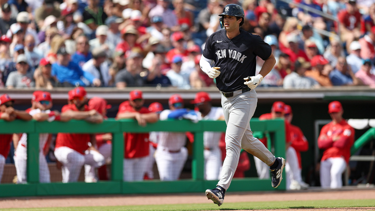  New York Yankees outfielder Spencer Jones (78) runs the bases after hitting a three-run home run against the Philadelphia Phillies in the third inning during spring training at BayCare Ballpark. 