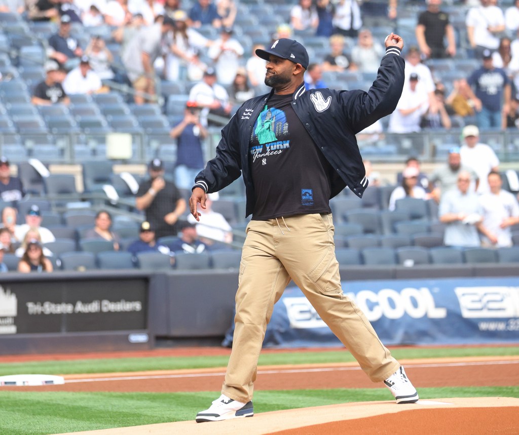 CC Sabathia pitches the ceremonial first pitch before the game when the New York Yankees played the Milwaukee Brewers Saturday, March 29, 2025 at Yankee Stadium in the Bronx, NY. 