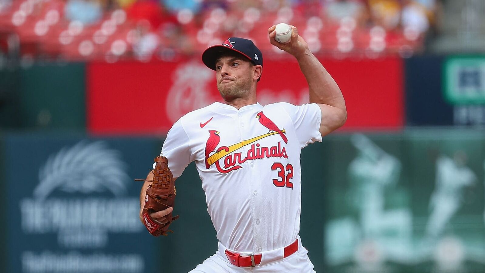 Steven Matz #32 of the St. Louis Cardinals delivers a pitch against the Atlanta Braves in the fourth inning at Busch Stadium on July 13, 2025 in St Louis, Missouri.