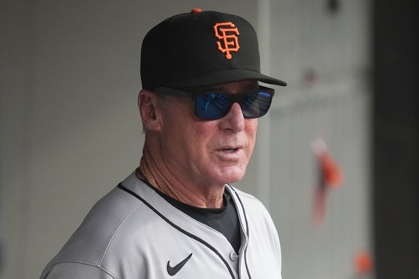 San Francisco Giants manager Bob Melvin looks to the field before a baseball game against the Chicago White Sox in Chicago, Sunday, June 29, 2025. (AP Photo/Nam Y. Huh)