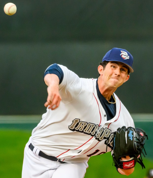 Philadelphia Philles pitcher Andrew Painter, the team's No. 1 prospect, pitches in a rehab start Thursday, May 8, 2025, for the Lehigh Valley IronPigs against the Worcester Red Sox at Coca-Cola Park in Allentown. (April Gamiz/The Morning Call)