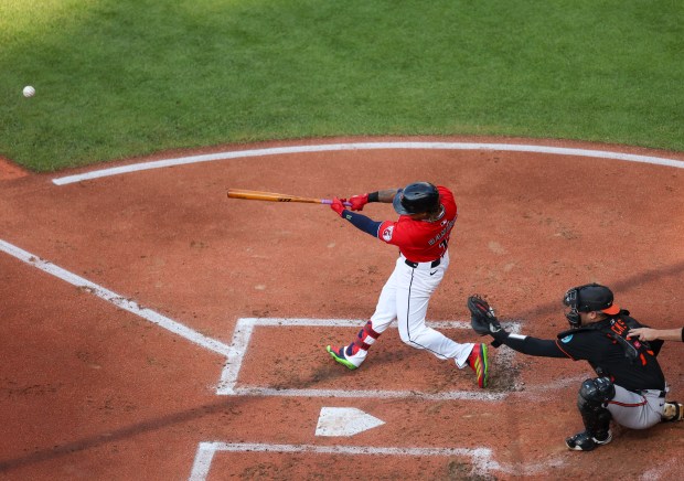 Jose Ramirez swings against the Orioles on July 21. (Tim...