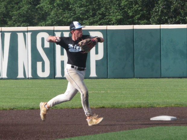 Mount Carmel's Matt Leary makes a play at shortstop against Roslyn during a Greater Norristown American Legion Baseball League playoff game, Thursday, July 10, 2025. (Ed Morlock/MediaNews Group)