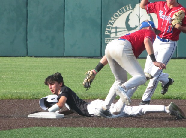 Mount Carmel's Chase Logan slides safely into second base against Roslyn during a Greater Norristown American Legion Baseball League playoff game, Thursday, July 10, 2025. (Ed Morlock/MediaNews Group)