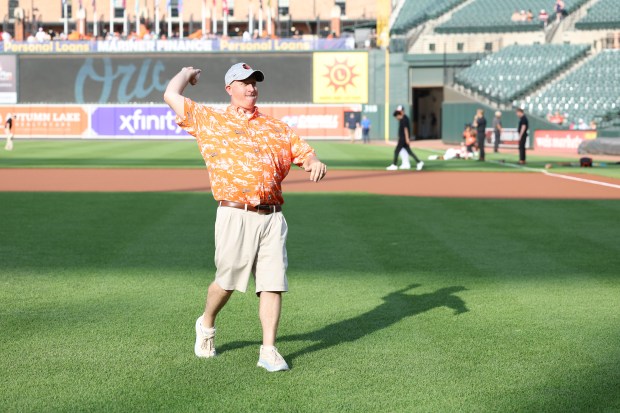 Local attorney and substitute judge Nick Hobbs, a former Bethel baseball player and lifetime Orioles fan, was selected at random to throw out the first ball at a recent O's game. Photo courtesy Peyton Stoike/Baltimore Orioles