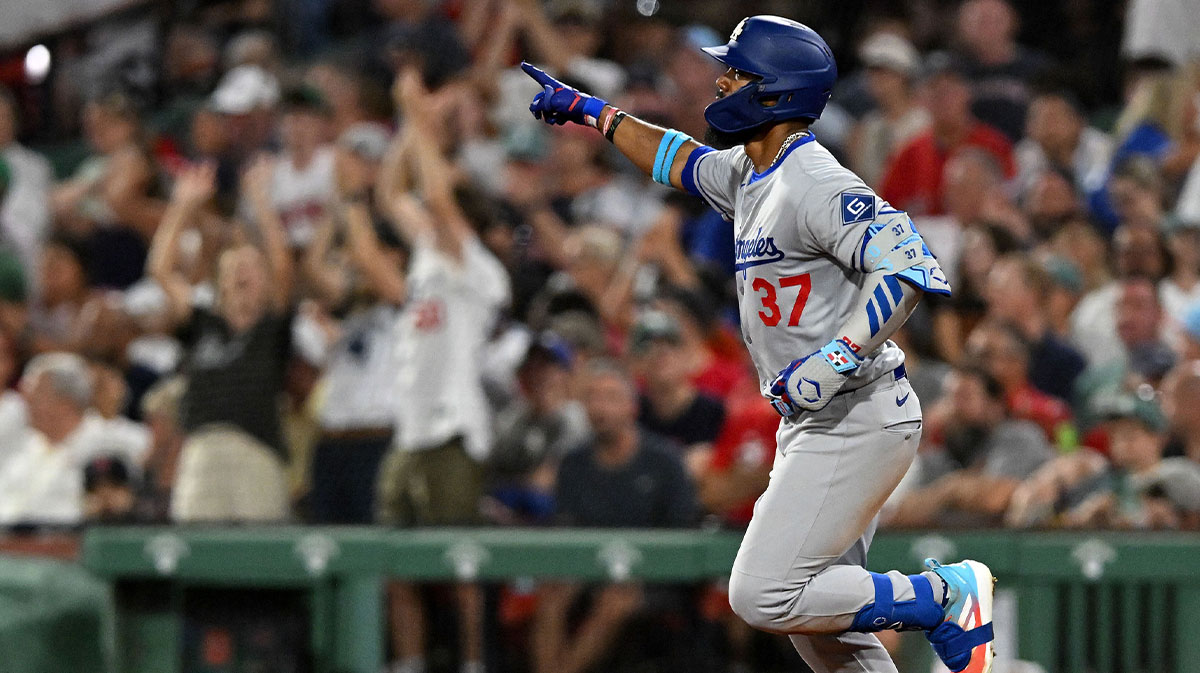 Jul 25, 2025; Boston, Massachusetts, USA; Los Angeles Dodgers right fielder Teoscar Hernandez (37) reacts after hitting a two-run home run against the Boston Red Sox during the eighth inning at Fenway Park.