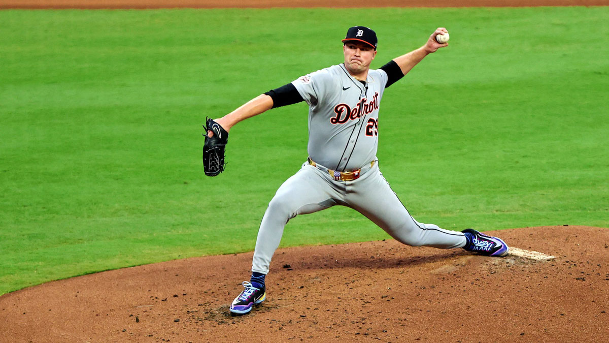 American League pitcher Tarik Skubal (29) of the Detroit Tigers pitches during the first inning during the 2025 MLB All Star Game at Truist Park.