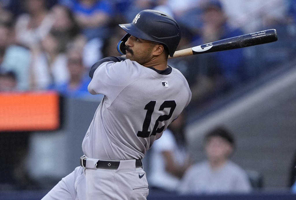 Trent Grisham belts a solo homer in the third inning of the Yankees' 8-5 loss to the Blue Jays on July 3, 2025.