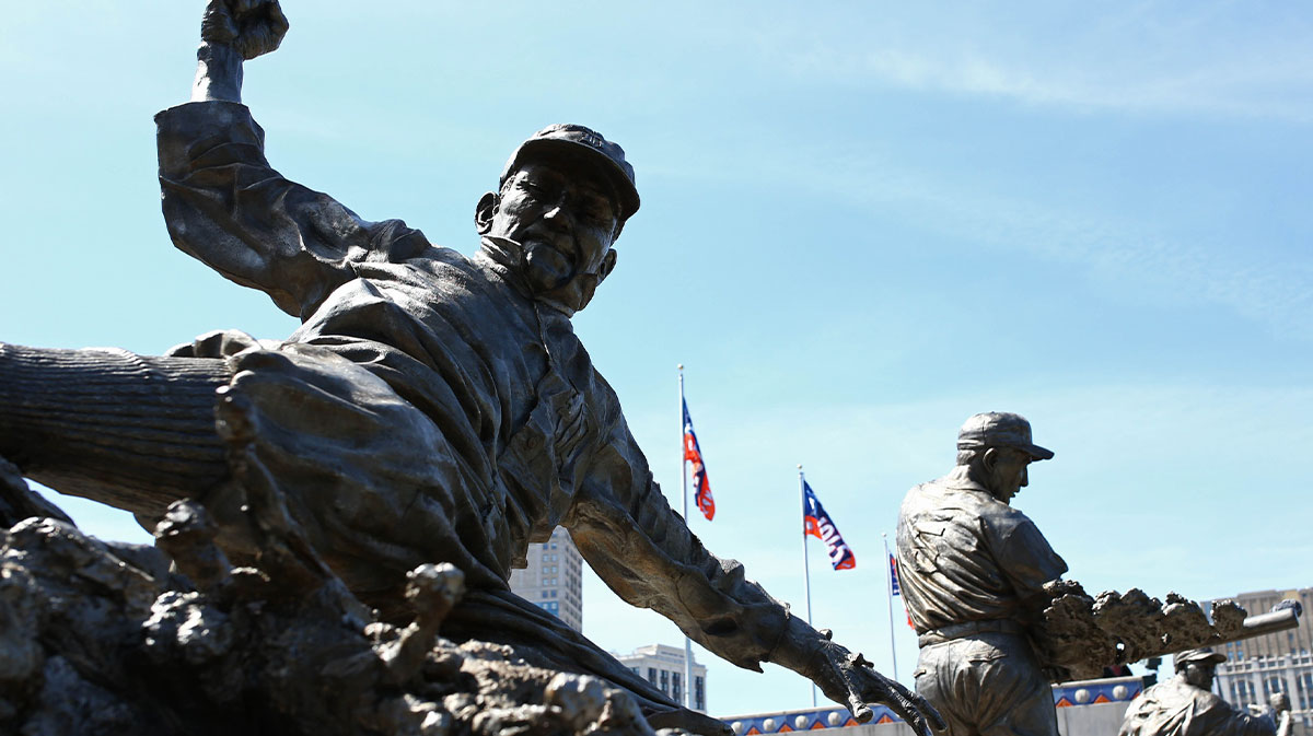 A general view of the statue of former Detroit Tigers player Ty Cobb prior to the game between the Cleveland Indians and Detroit Tigers at Comerica Park. 