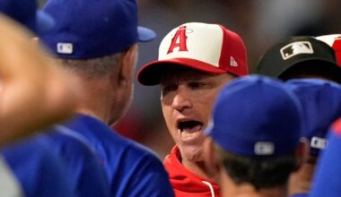 Rangers, Angels benches clear after Mike Trout hit-by-pitch in 8th inning