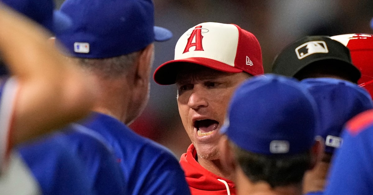 Rangers, Angels benches clear after Mike Trout hit-by-pitch in 8th inning