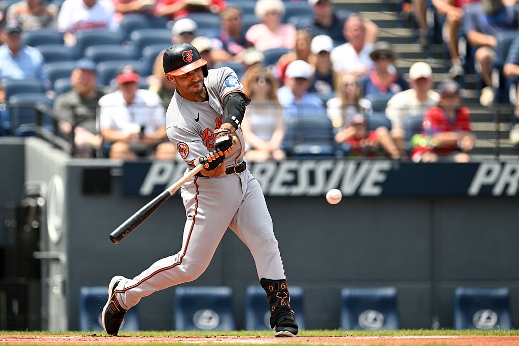 CLEVELAND, OHIO - JULY 24: Ramón Laureano #12 of the Baltimore Orioles hits a two-run home run during the first inning against the Cleveland Guardians at Progressive Field on July 24, 2025 in Cleveland, Ohio. (Photo by Nick Cammett/Getty Images)