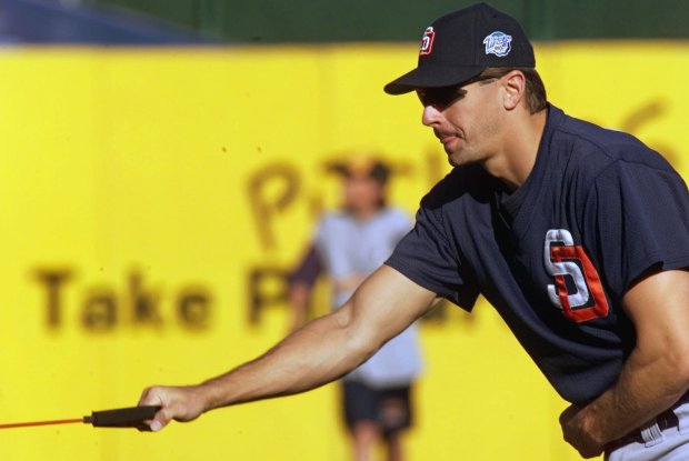 Padres pitcher Kevin Brown stretches during practice Friday, Oct. 16, 1998 at Yankee Stadium in New York. Brown was the starting pitcher for the Padres in Game 1 of the World Series against the New York Yankees on Saturday. (AP Photo/Doug Mills)