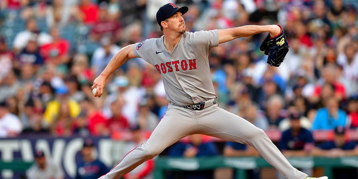 Jun 23, 2025; Anaheim, California, USA; Boston Red Sox pitcher Walker Buehler (0) throws against the Los Angeles Angels during the first inning at Angel Stadium. 
