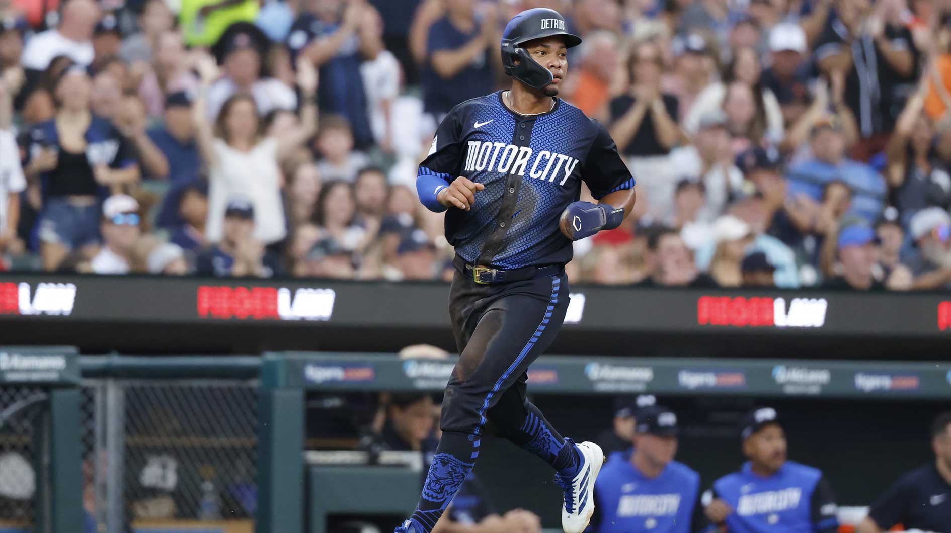 Detroit Tigers outfielder Wenceel Perez (46) scores a run in the second inning against the Toronto Blue Jays at Comerica Park.