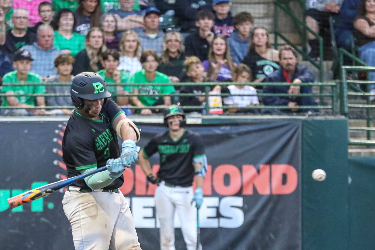 Providence Catholic's Enzo Infelise (9) smashes the ball for a homerun during Class 4A super sectional baseball game between Providence at Brother Rice. Monday, June 9, 2025 in Crestwood.