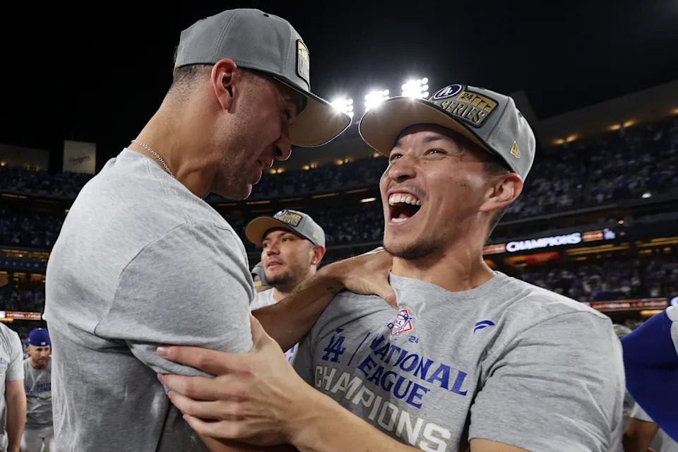 Trade deadline additions Jack Flaherty and Tommy Edman celebrate the Dodgers' 2024 NLCS win.
