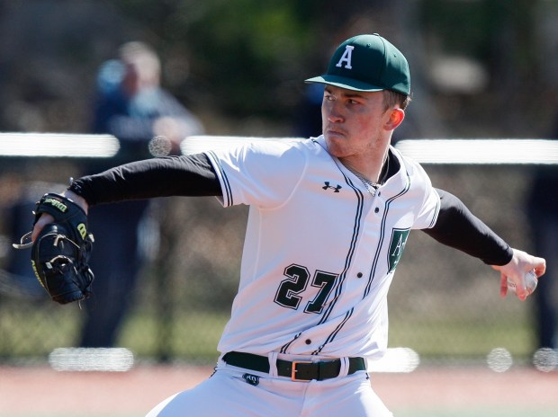 READING, MA - APRIL 2-SATURDAY: Austin Prep pitcher Evan Blanco delivers pitch against Milton during the first inning at Austin Prep April 2, 2022, in Reading, Massachusetts. (Photo by Paul Connors/Media News Group/Boston Herald)
