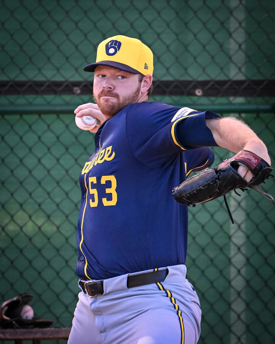 Milwaukee Brewers pitcher Brandon Woodruff (53) throws in the bullpen during spring training workouts Tuesday, February 18, 2025, at American Family Fields of Phoenix in Phoenix, Arizona.