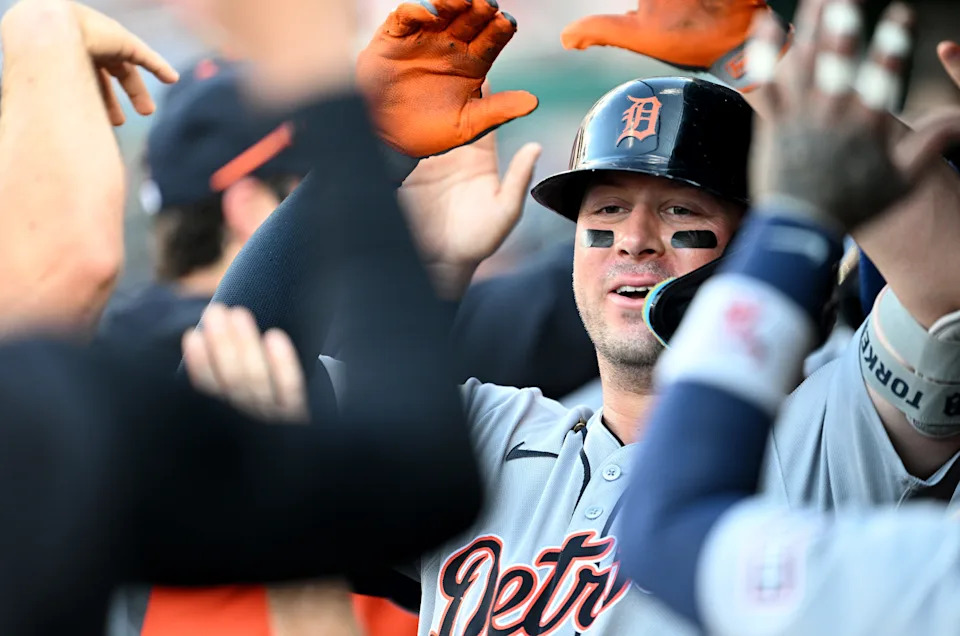 Spencer Torkelson of the Detroit Tigers celebrates his three-run home run in the first inning against the Washington Nationals at Nationals Park in Washington on July 3, 2025.