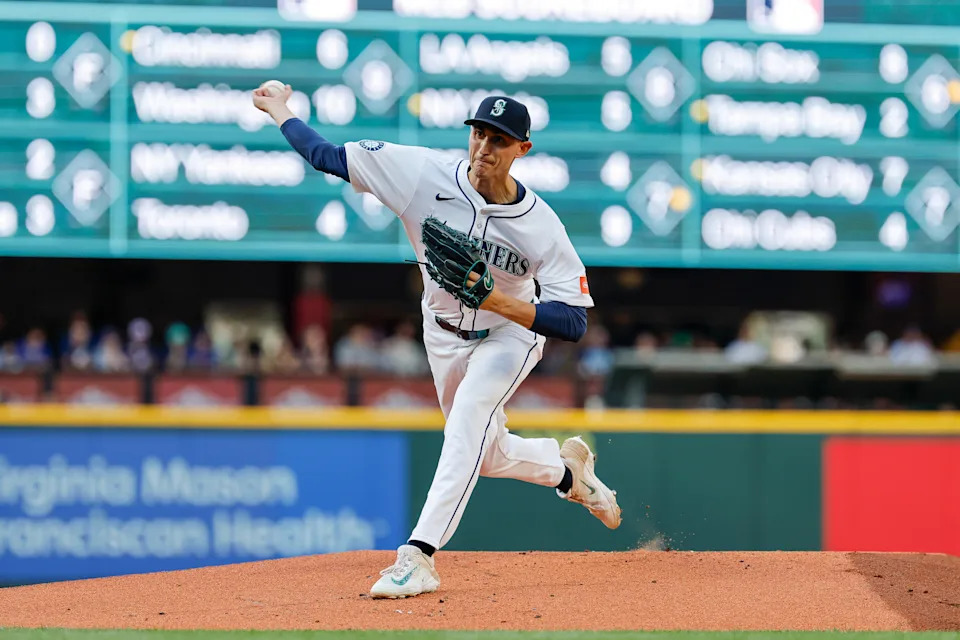 SEATTLE, WASHINGTON - JULY 21: George Kirby #68 of the Seattle Mariners throws a pitch during the first inning against the Milwaukee Brewers at T-Mobile Park on July 21, 2025 in Seattle, Washington. (Photo by Alika Jenner/Getty Images)