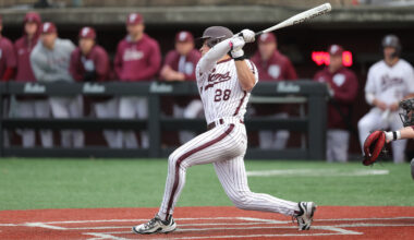 Daniel Bucciero swinging at home plate