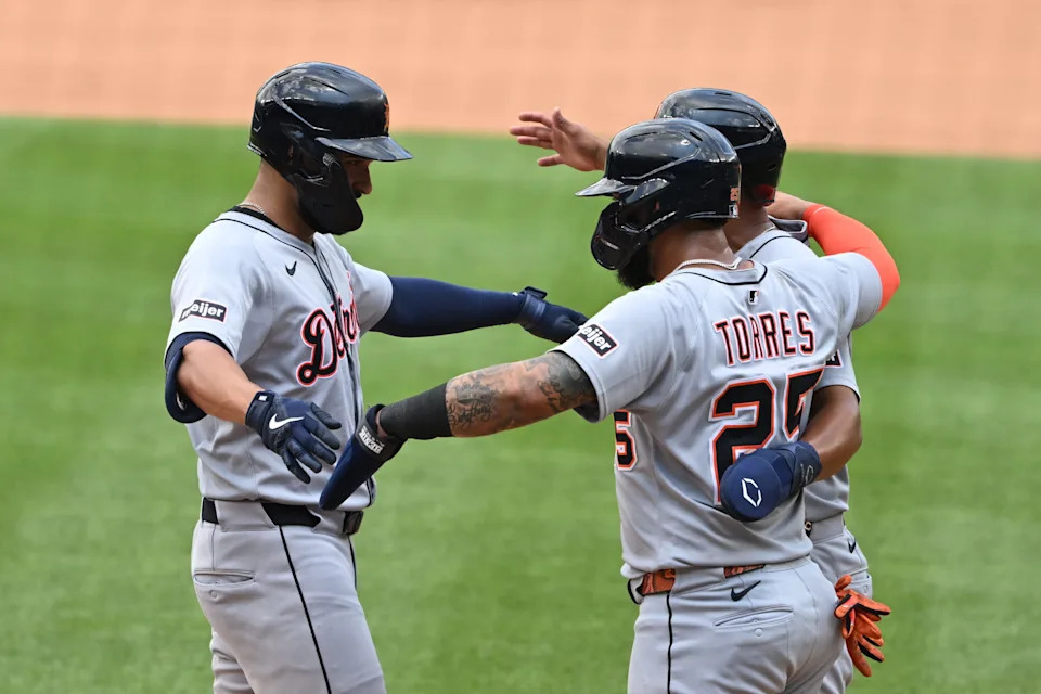 Detroit Tigers left fielder Riley Greene (31) celebrates with second baseman Gleyber Torres (25) and right fielder Wenceel Perez (46) after hitting the second of two three-run home runs against the Washington Nationals during the fourth inning of a split doubleheader at Nationals Park in Washington on July 2, 2025.