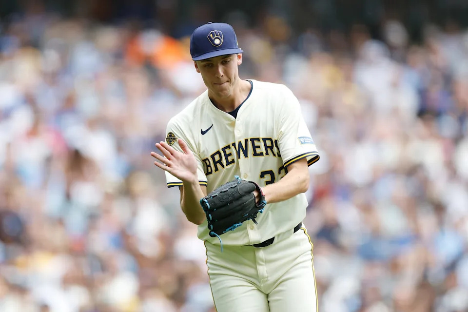 MILWAUKEE, WISCONSIN - JUNE 25: Jacob Misiorowski #32 of the Milwaukee Brewers reacts after striking out a batter in the fifth inning against the Pittsburgh Pirates at American Family Field on June 25, 2025 in Milwaukee, Wisconsin. (Photo by John Fisher/Getty Images)
