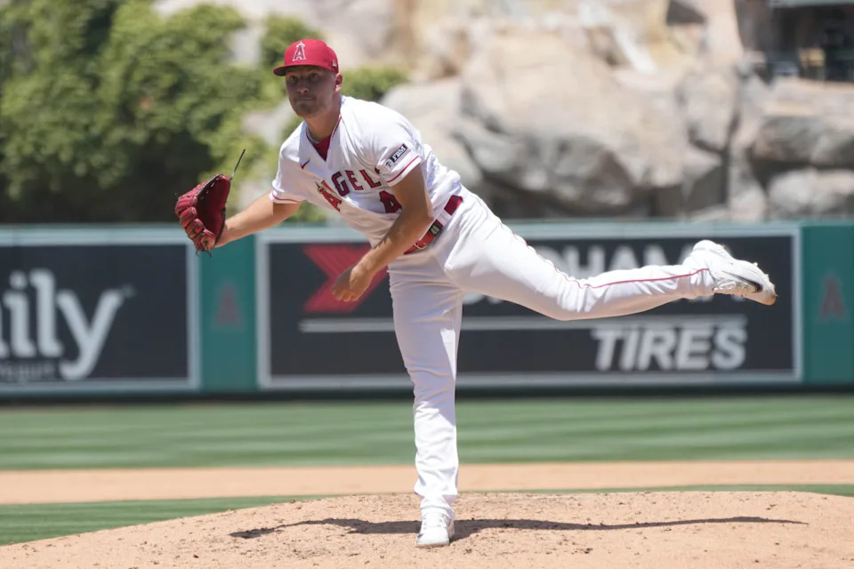 Los Angeles Angels starting pitcher Reid Detmers (48) throws in the third inning against the Arizona Diamondbacks at Angel Stadium in Anaheim, California on July 2, 2023.