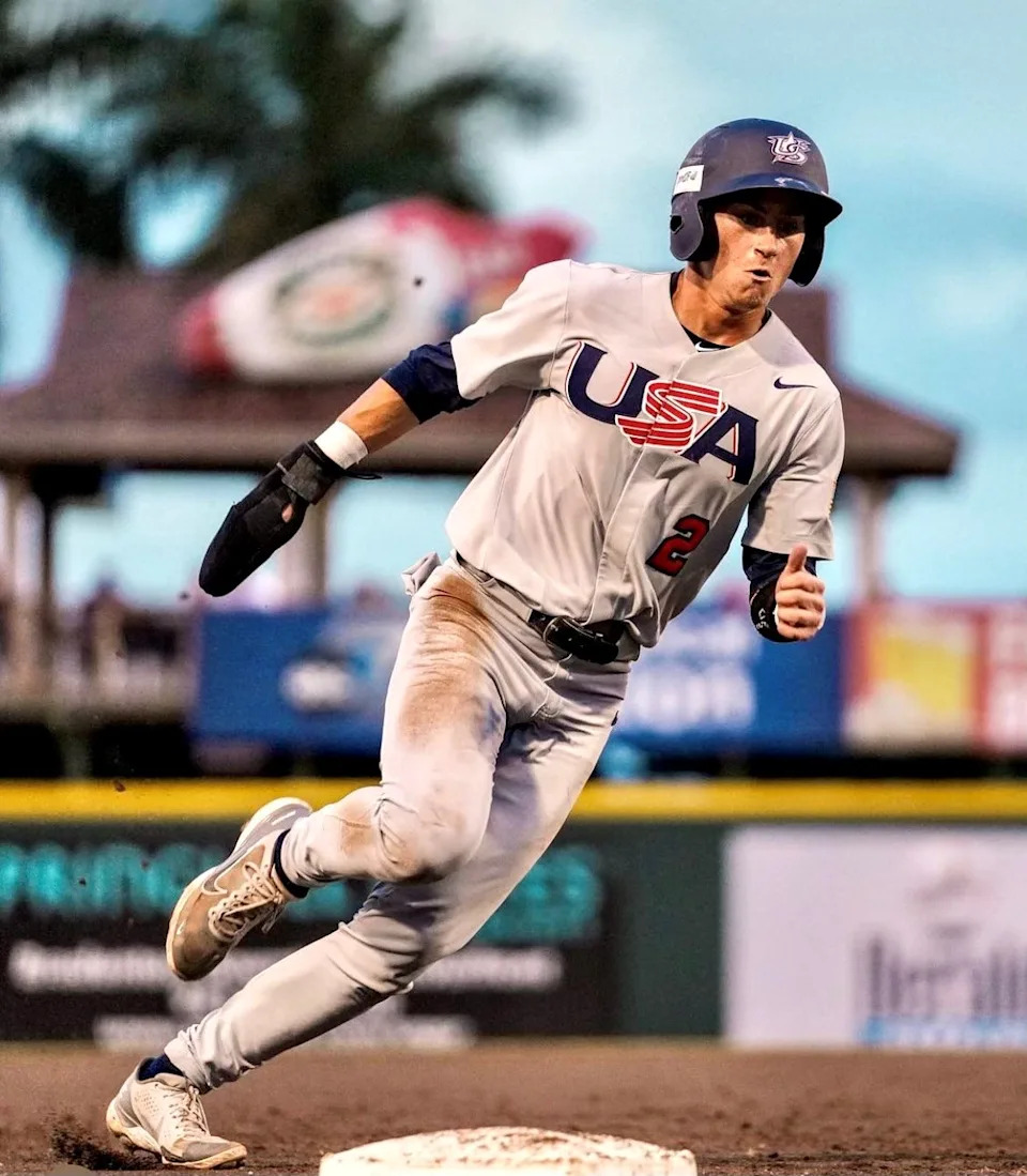 John Glenn grad Colt Emerson rounds third base for the Team USA 18-and-under baseball team in September 2023. Emerson, a first-round MLB draft choice of Seattle in 2023, was promoted to Class High-Everett on Monday.