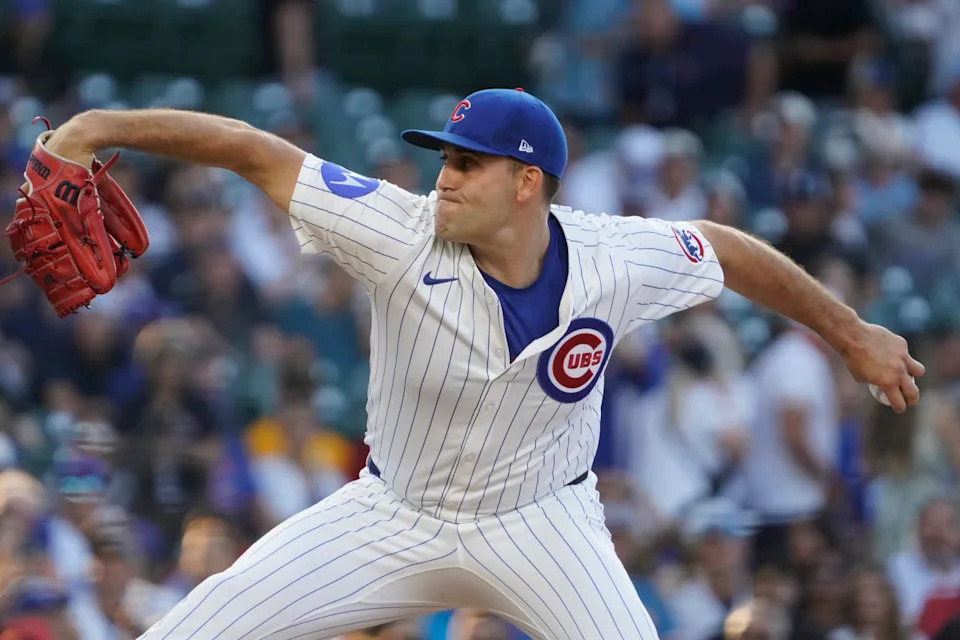 Chicago Cubs pitcher Matthew Boyd (16) throws the ball against the Cleveland Guardians during the first inning at Wrigley Field.David Banks-Imagn Images