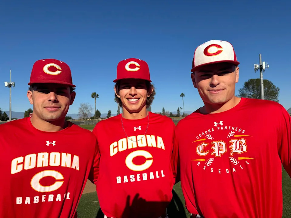 Corona High infielders (from left): second baseman Trey Ebel, shortstop Billy Carlson and third baseman Brady Ebel.