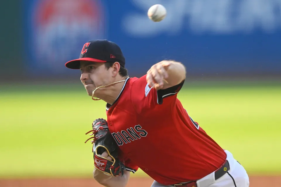 Jul 29, 2025; Cleveland, Ohio, USA; Cleveland Guardians starting pitcher Logan Allen (26) delivers a pitch in the second inning against the Colorado Rockies at Progressive Field. Mandatory Credit: David Richard-Imagn Images