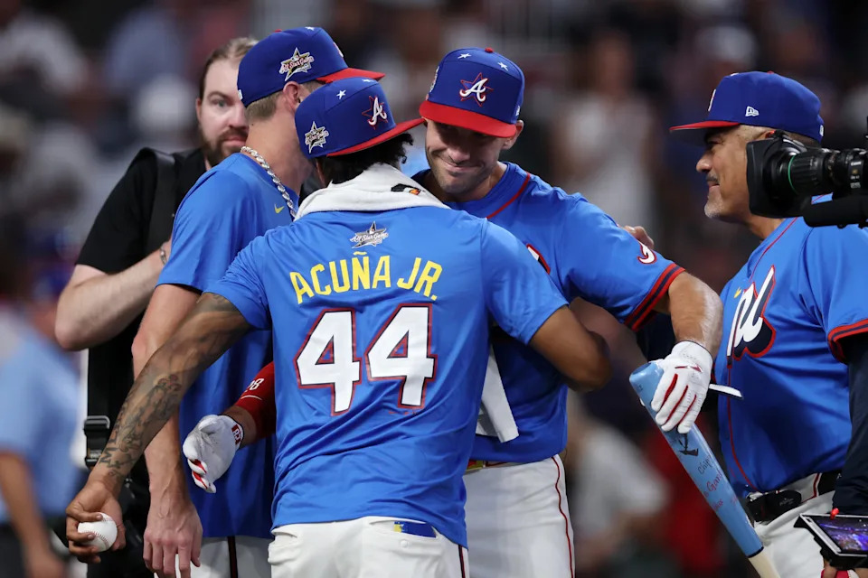 ATLANTA, GEORGIA - JULY 14: Ronald Acuna #13 and Matt Olson #28 of the Atlanta Braves embrace during the Home Run Derby at Truist Park on July 14, 2025 in Atlanta, Georgia.  (Photo by Jamie Squire/Getty Images)