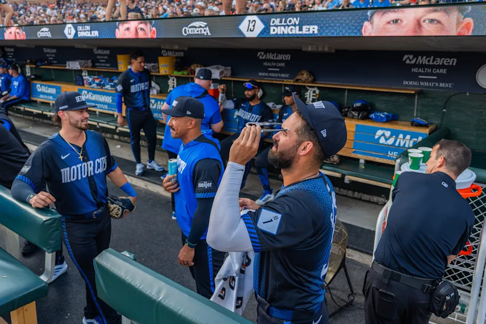 The Detroit Tigers stand in the dugout prior to a game against the Toronto Blue Jays on Friday, July 27, 2025 at Comerica Park in Detroit.