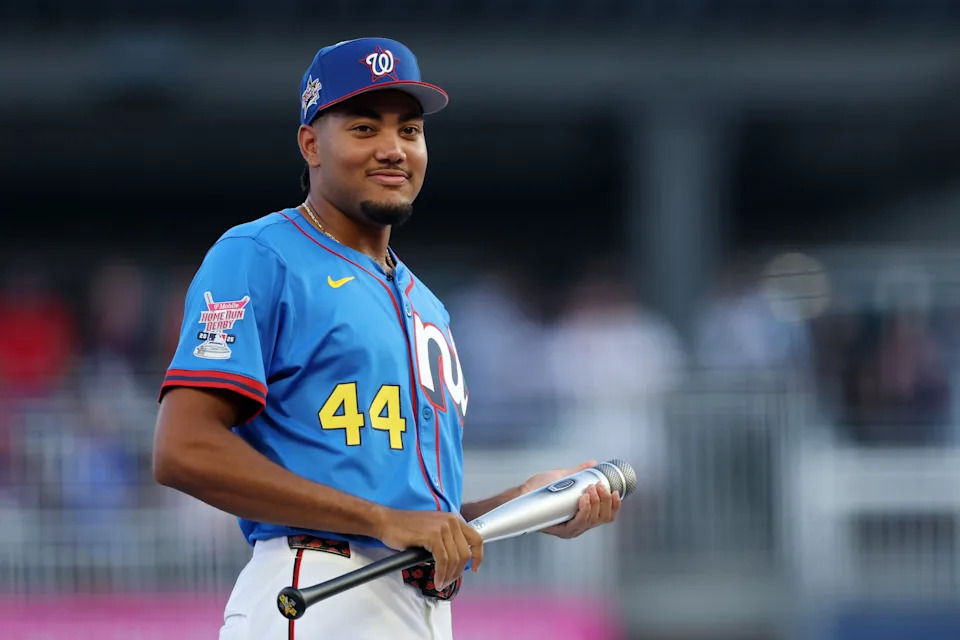 ATLANTA, GEORGIA - JULY 14: James Wood #29 of the Washington Nationals competes during the Home Run Derby at Truist Park on July 14, 2025 in Atlanta, Georgia.  (Photo by Kevin C. Cox/Getty Images)