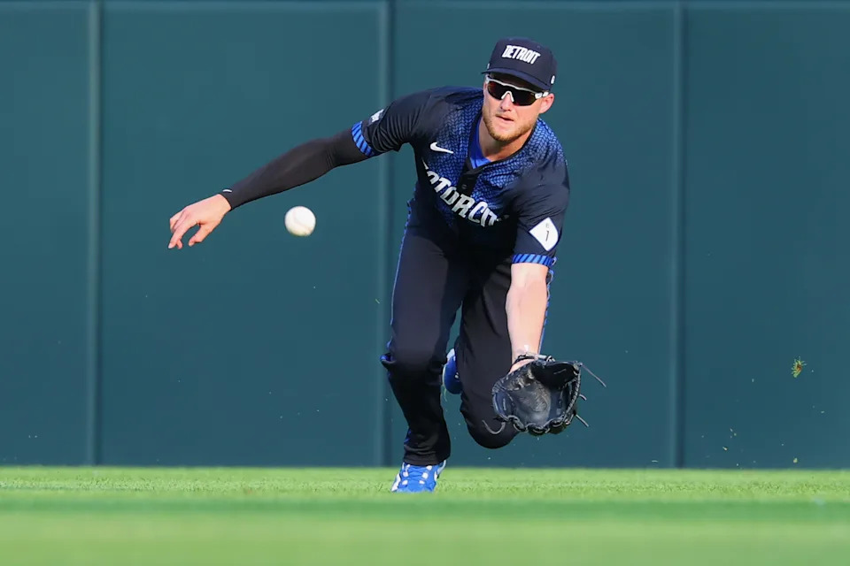 Parker Meadows of the Detroit Tigers can't make a catch in the second inning while playing the Seattle Mariners at Comerica Park in Detroit on Friday, July 11, 2025.